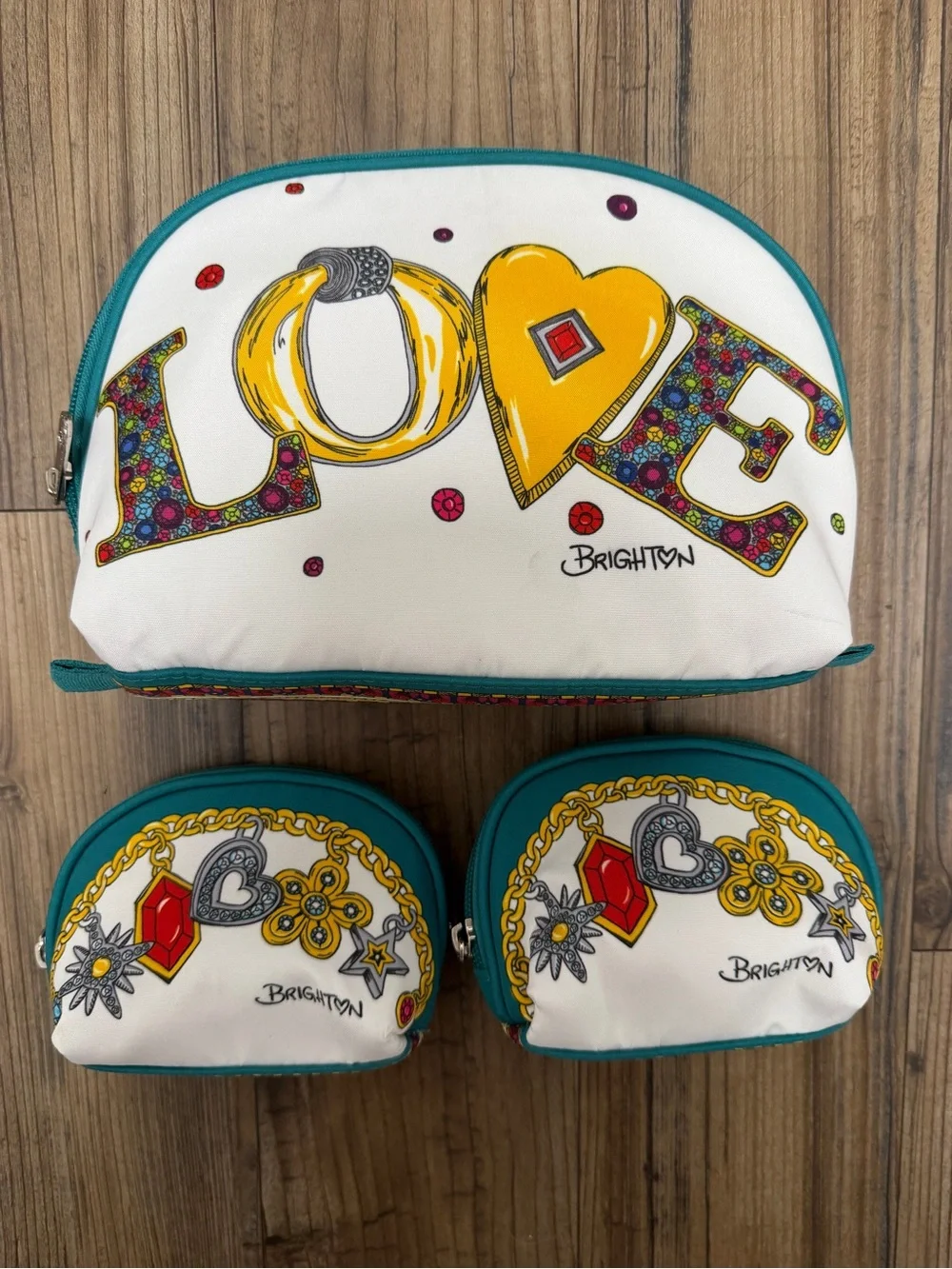 Brighton Teal & White 'Love' Cosmetic Pouch Set of three like new!